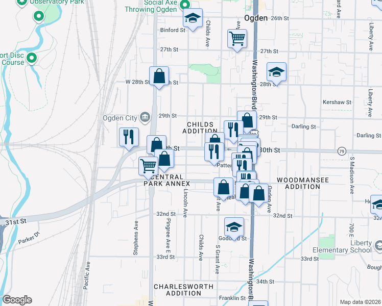 map of restaurants, bars, coffee shops, grocery stores, and more near 3033 Lincoln Avenue in Ogden
