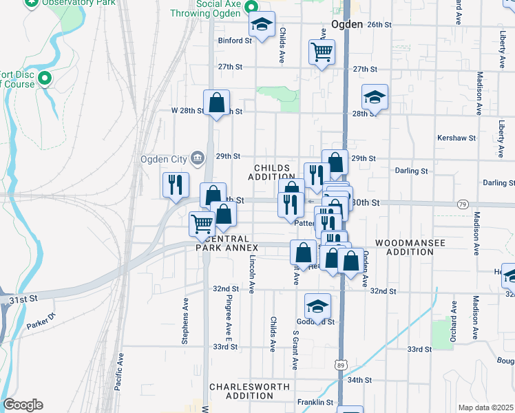 map of restaurants, bars, coffee shops, grocery stores, and more near 3033 Lincoln Avenue in Ogden