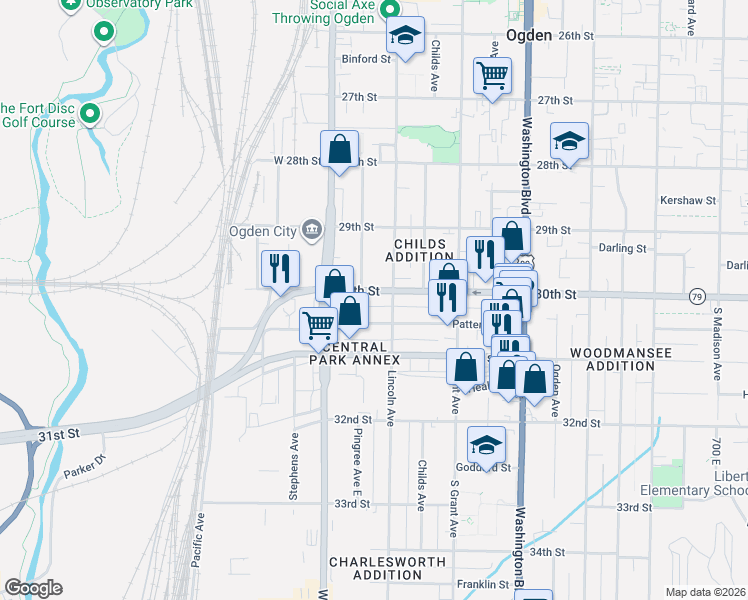 map of restaurants, bars, coffee shops, grocery stores, and more near 3033 Lincoln Avenue in Ogden