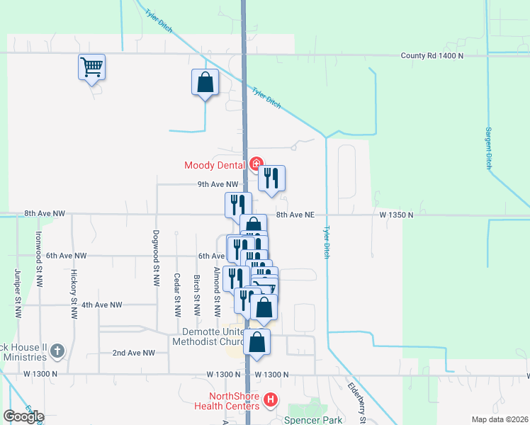 map of restaurants, bars, coffee shops, grocery stores, and more near 117 8th Ave NE in De Motte
