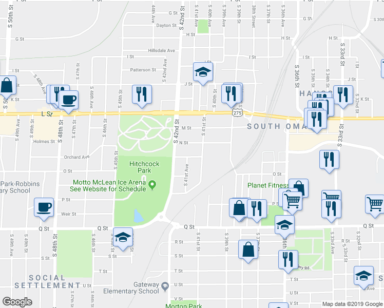 map of restaurants, bars, coffee shops, grocery stores, and more near 4960 South 41st Street in Omaha