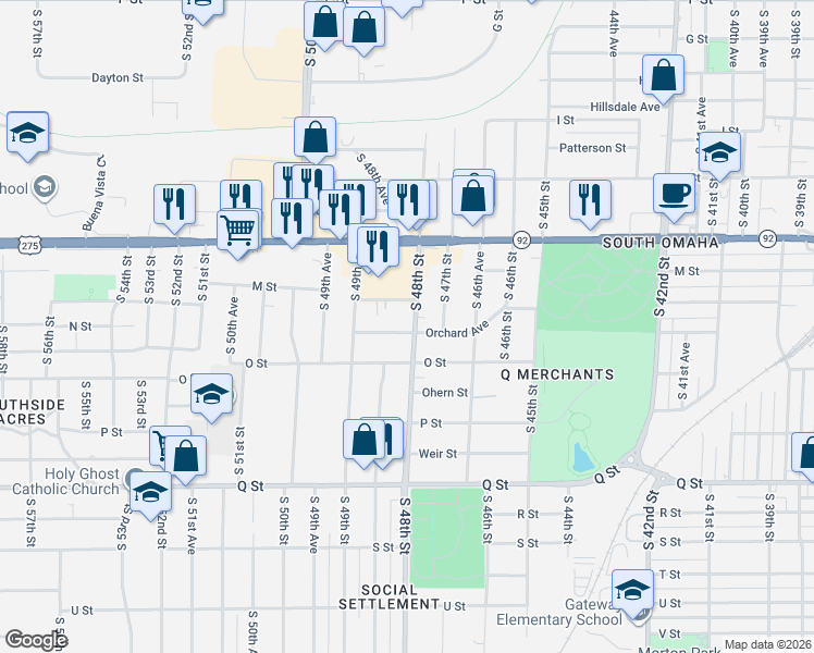 map of restaurants, bars, coffee shops, grocery stores, and more near 4956 South 48th Street in Omaha