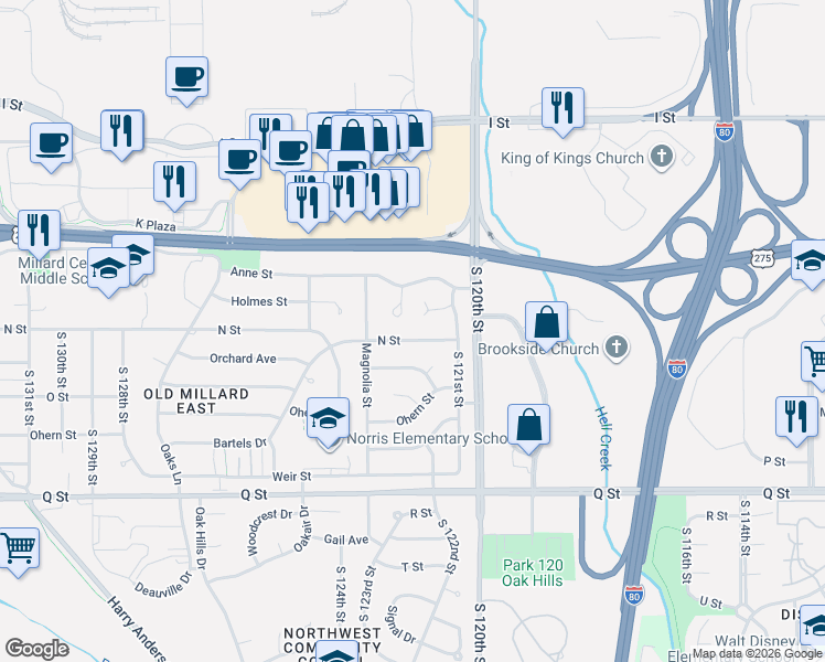 map of restaurants, bars, coffee shops, grocery stores, and more near 12205 N Street in Omaha