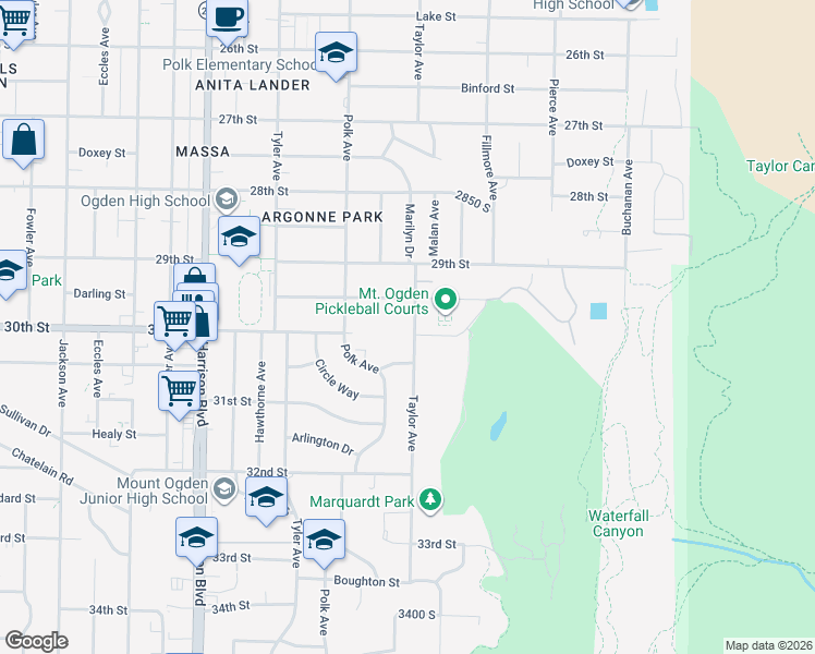 map of restaurants, bars, coffee shops, grocery stores, and more near 2983 Taylor Avenue in Ogden