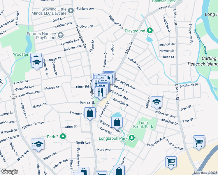 map of restaurants, bars, coffee shops, grocery stores, and more near 3690 Main Street in Stratford