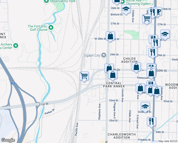 map of restaurants, bars, coffee shops, grocery stores, and more near 259 West 30th Street in Ogden