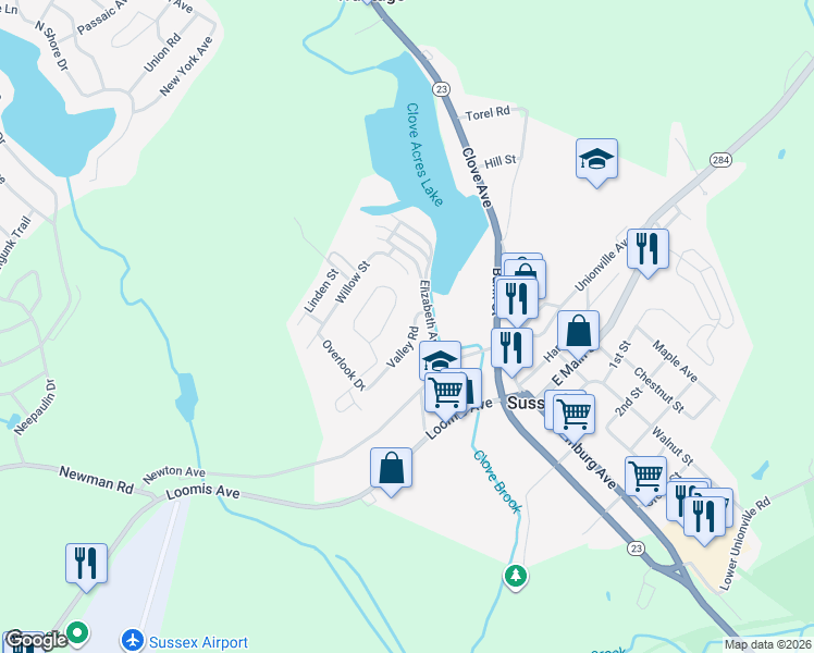map of restaurants, bars, coffee shops, grocery stores, and more near 3 Valley Road in Sussex