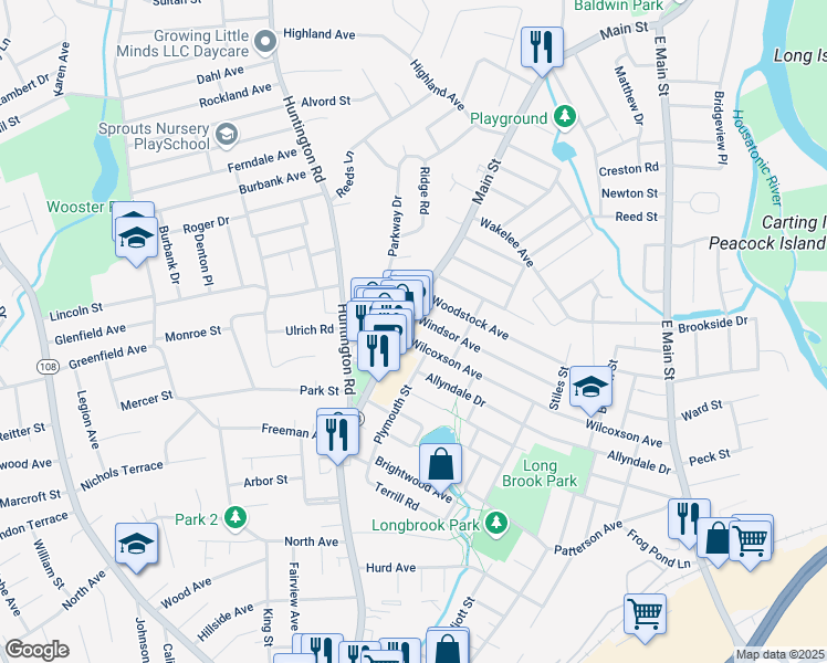 map of restaurants, bars, coffee shops, grocery stores, and more near 3690 Main Street in Stratford