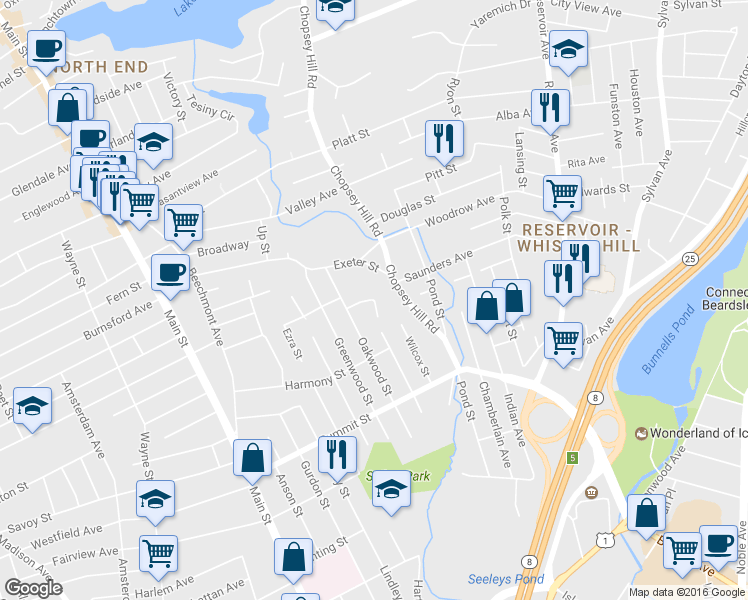 map of restaurants, bars, coffee shops, grocery stores, and more near 84 Erika Circle in Bridgeport