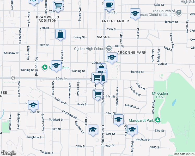 map of restaurants, bars, coffee shops, grocery stores, and more near 1163 30th Street in Ogden