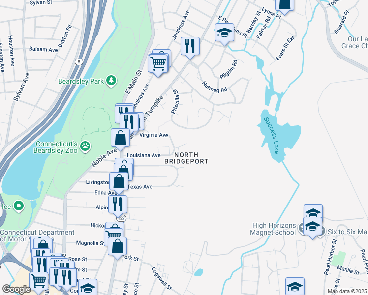 map of restaurants, bars, coffee shops, grocery stores, and more near 25 Nob Hill Circle in Bridgeport