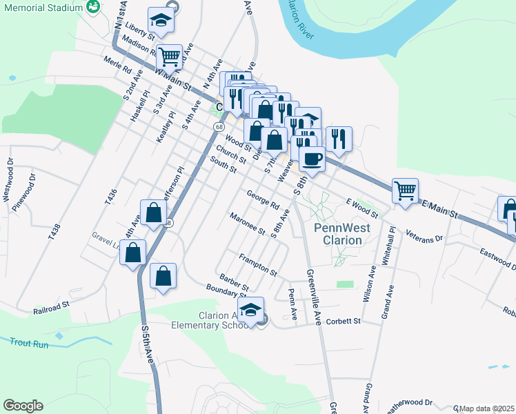map of restaurants, bars, coffee shops, grocery stores, and more near 131 South 7th Avenue in Clarion