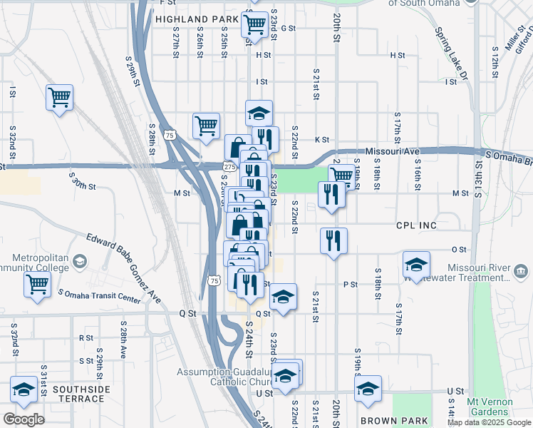 map of restaurants, bars, coffee shops, grocery stores, and more near 2307 N Street in Omaha