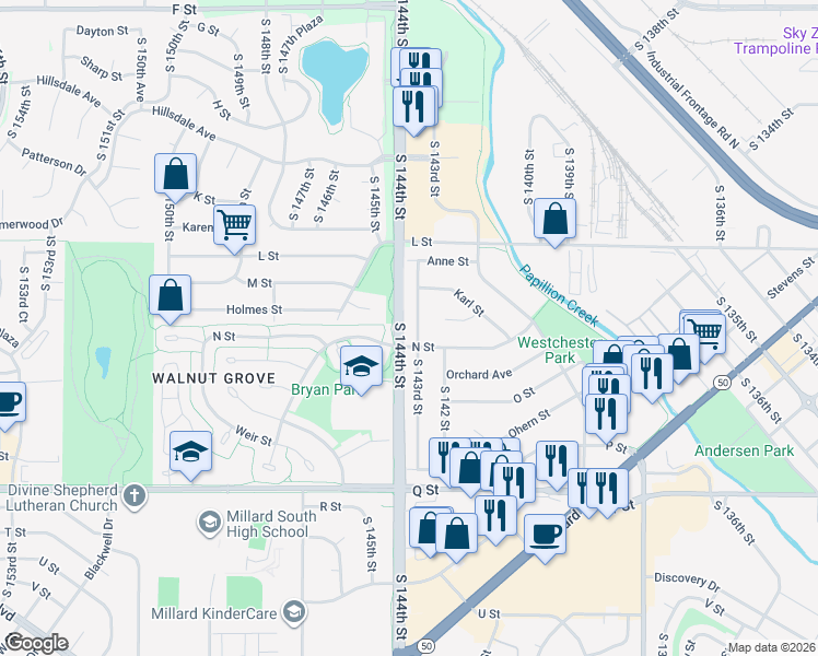 map of restaurants, bars, coffee shops, grocery stores, and more near 14301 N Street in Omaha