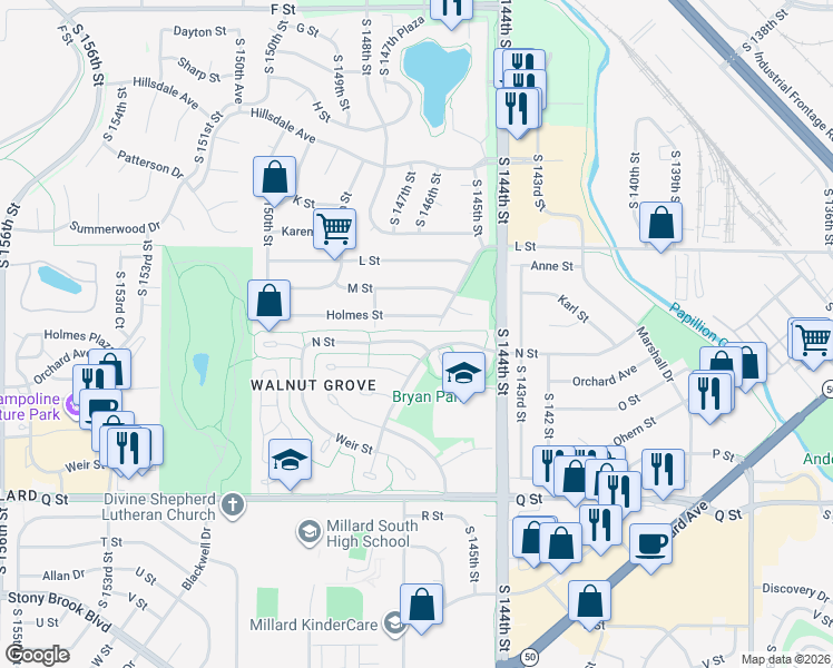 map of restaurants, bars, coffee shops, grocery stores, and more near 14723 N Street in Omaha
