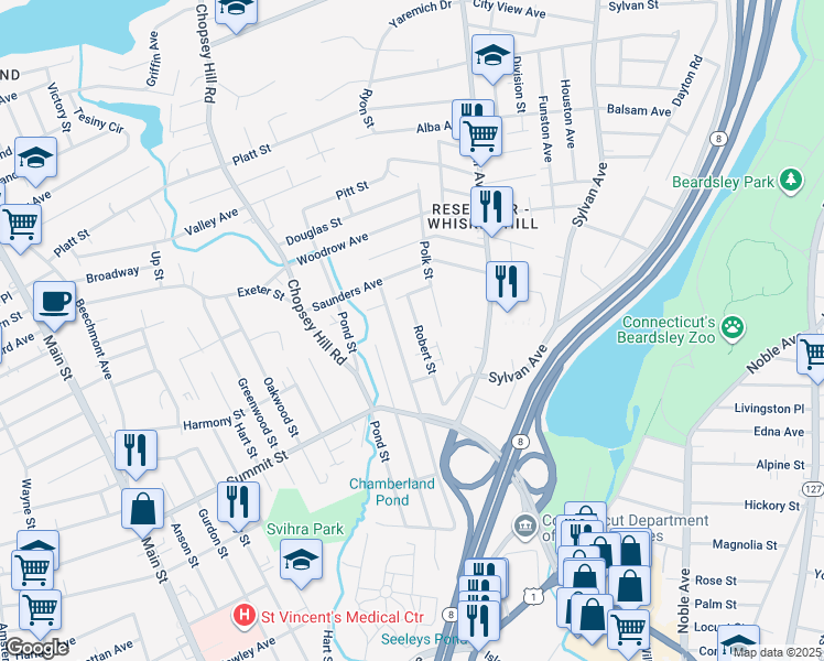 map of restaurants, bars, coffee shops, grocery stores, and more near 173 Robert Street in Bridgeport