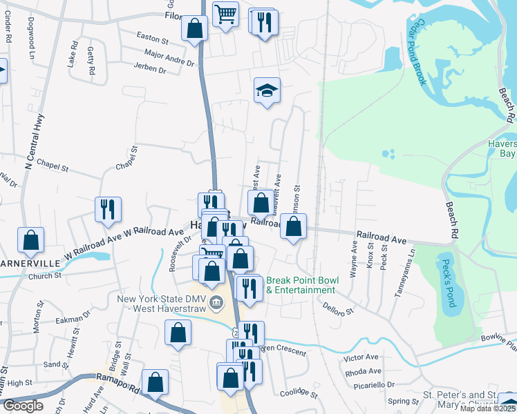 map of restaurants, bars, coffee shops, grocery stores, and more near 45 East Railroad Avenue in West Haverstraw