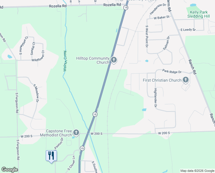 map of restaurants, bars, coffee shops, grocery stores, and more near 1634 Indiana 15 in Warsaw
