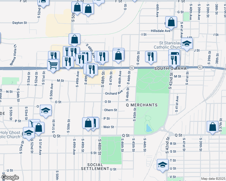 map of restaurants, bars, coffee shops, grocery stores, and more near 4669 Orchard Avenue in Omaha