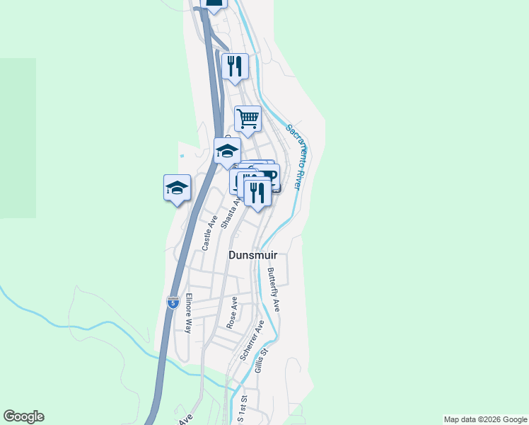 map of restaurants, bars, coffee shops, grocery stores, and more near 5836-5916 Sacramento Avenue in Dunsmuir