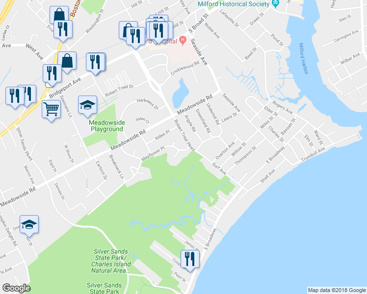 map of restaurants, bars, coffee shops, grocery stores, and more near 150 Mayflower Place in Milford