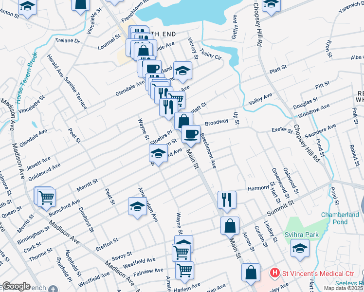 map of restaurants, bars, coffee shops, grocery stores, and more near 3589 Main Street in Bridgeport