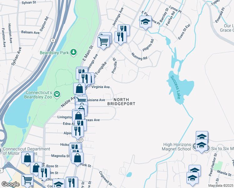map of restaurants, bars, coffee shops, grocery stores, and more near 27 Mencel Circle in Bridgeport