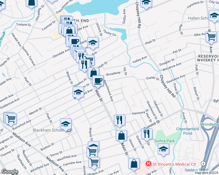map of restaurants, bars, coffee shops, grocery stores, and more near 3510 Main Street in Bridgeport