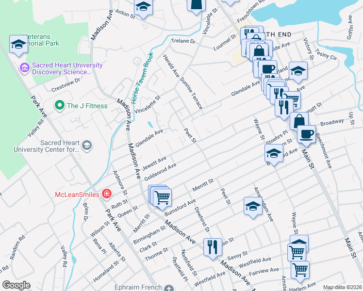 map of restaurants, bars, coffee shops, grocery stores, and more near 530 Goldenrod Avenue in Bridgeport