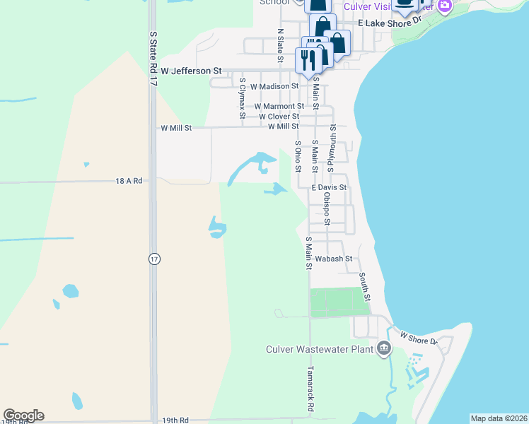 map of restaurants, bars, coffee shops, grocery stores, and more near 1105 South Main Street in Culver