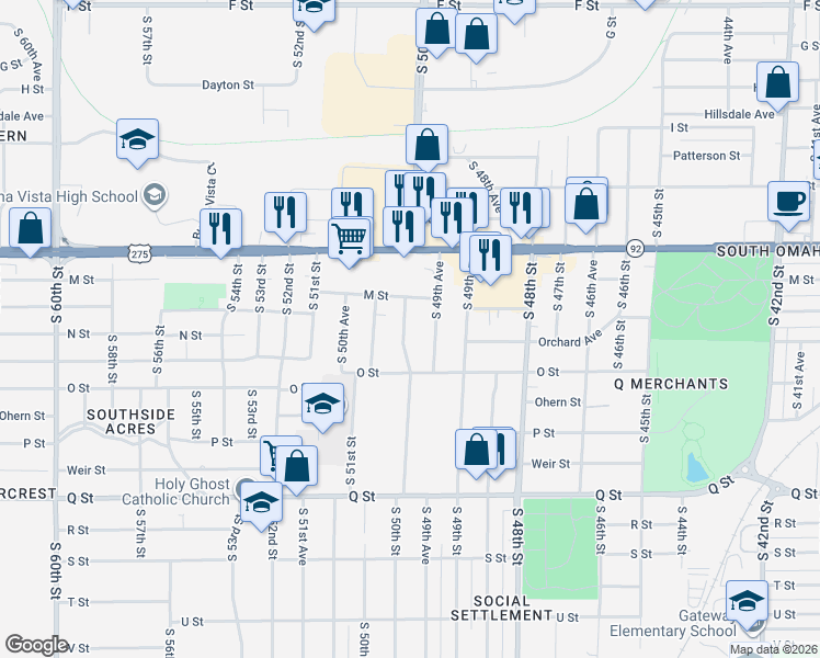 map of restaurants, bars, coffee shops, grocery stores, and more near 4925 South 50th Street in Omaha