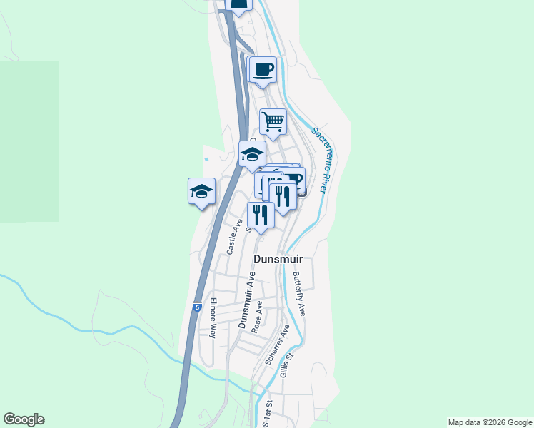 map of restaurants, bars, coffee shops, grocery stores, and more near 5902 Dunsmuir Avenue in Dunsmuir