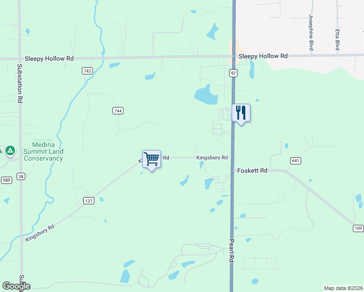 map of restaurants, bars, coffee shops, grocery stores, and more near 4445 Kingsbury Road in Medina