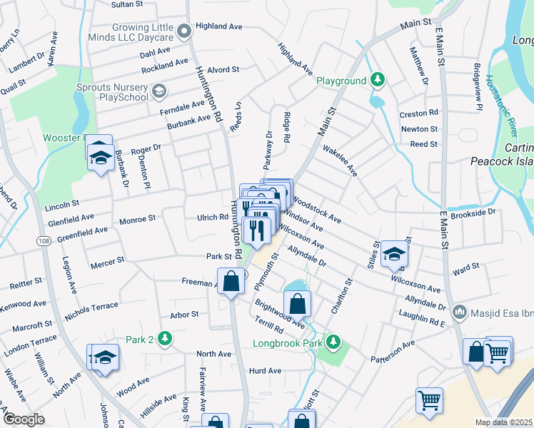 map of restaurants, bars, coffee shops, grocery stores, and more near 3731 Main Street in Stratford