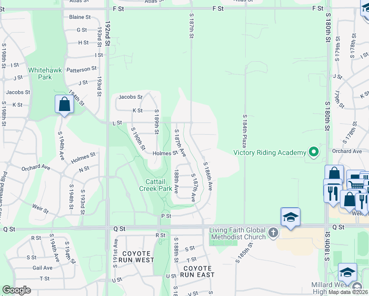map of restaurants, bars, coffee shops, grocery stores, and more near 4728 South 186th Avenue in Omaha
