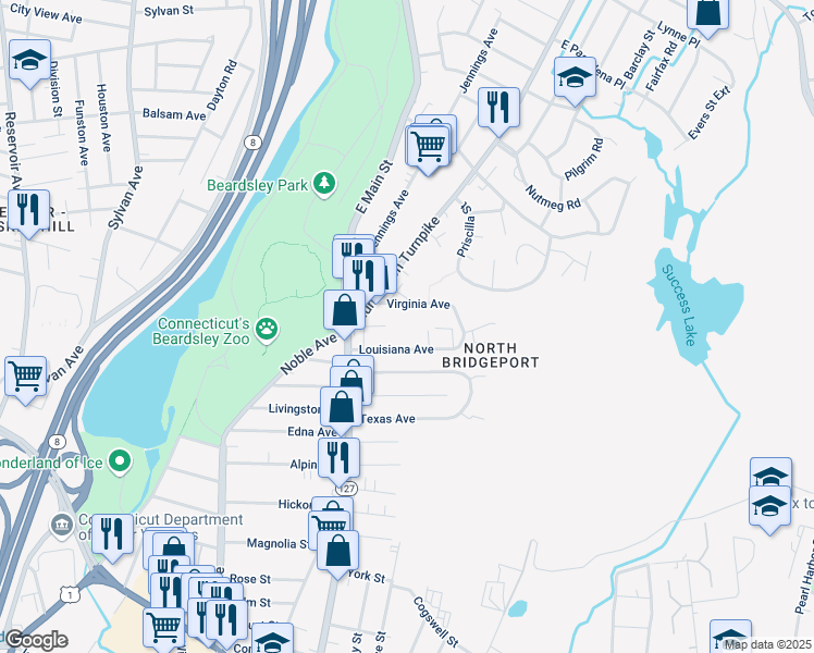 map of restaurants, bars, coffee shops, grocery stores, and more near 115 Virginia Avenue in Bridgeport