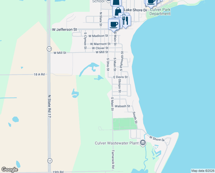 map of restaurants, bars, coffee shops, grocery stores, and more near 535 South Ohio Street in Culver