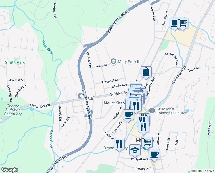 map of restaurants, bars, coffee shops, grocery stores, and more near 89 Hillside Avenue in Mount Kisco