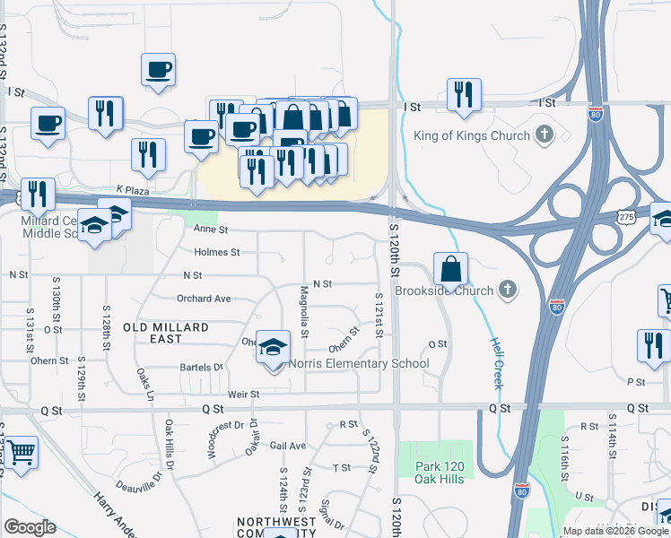 map of restaurants, bars, coffee shops, grocery stores, and more near 4807 South 122nd Court in Omaha