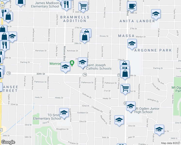 map of restaurants, bars, coffee shops, grocery stores, and more near 2941 Fowler Avenue in Ogden