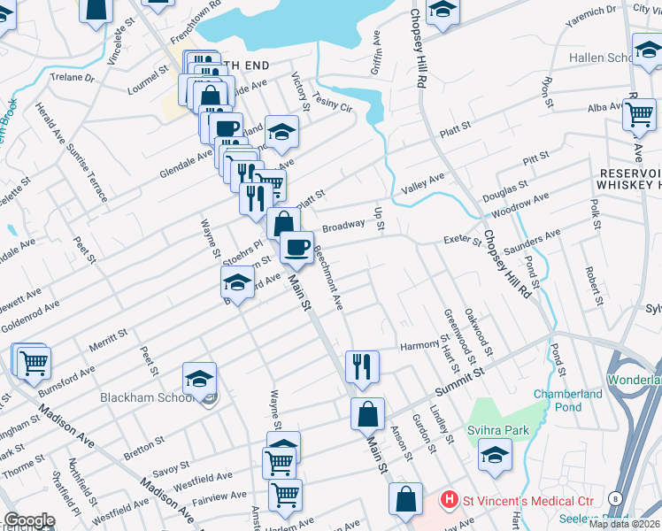 map of restaurants, bars, coffee shops, grocery stores, and more near 436 Beechmont Avenue in Bridgeport