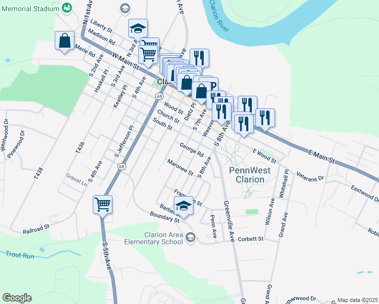 map of restaurants, bars, coffee shops, grocery stores, and more near 701-715 South Street in Clarion
