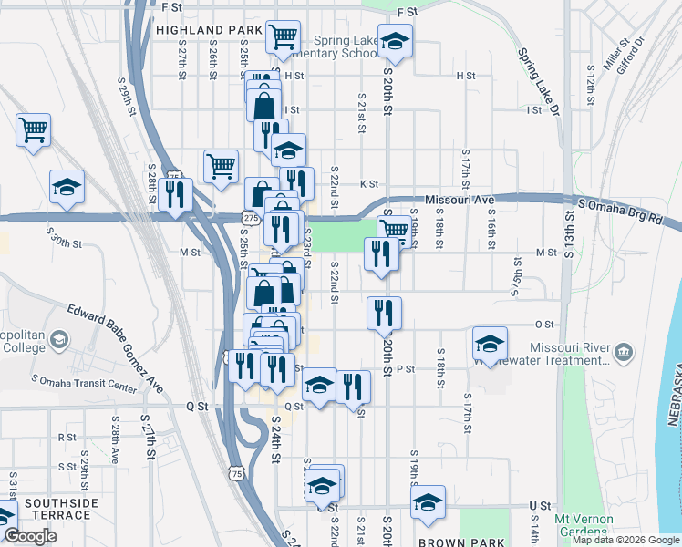 map of restaurants, bars, coffee shops, grocery stores, and more near 2205 M Street in Omaha