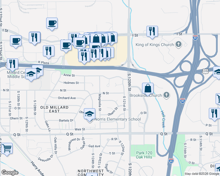 map of restaurants, bars, coffee shops, grocery stores, and more near 4807 South 122nd Court in Omaha