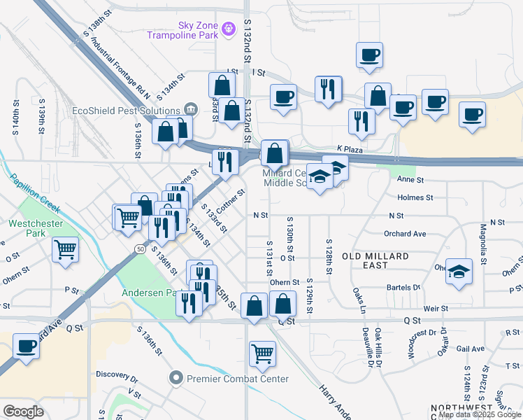 map of restaurants, bars, coffee shops, grocery stores, and more near 4848 South 131st Street in Omaha
