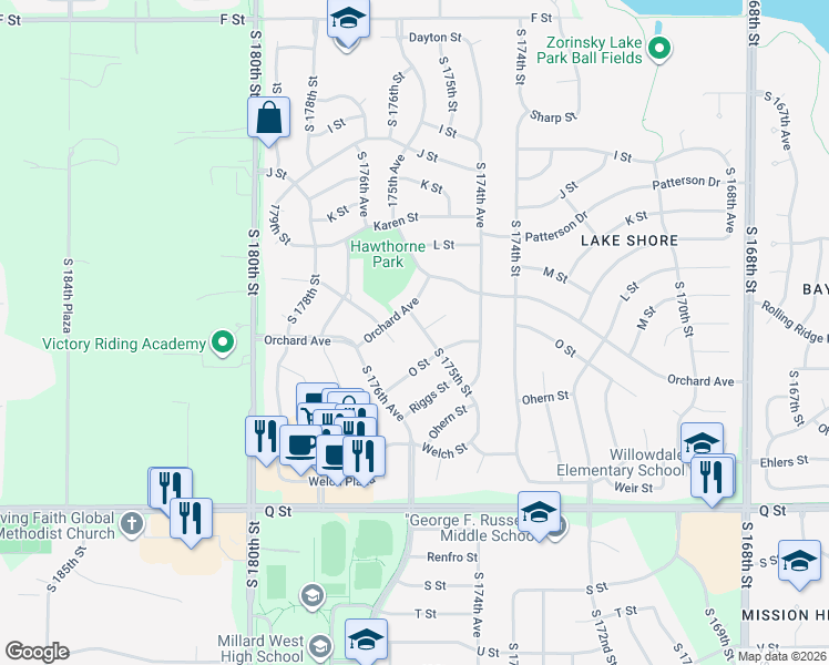 map of restaurants, bars, coffee shops, grocery stores, and more near 17498 Orchard Avenue in Omaha