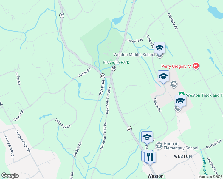 map of restaurants, bars, coffee shops, grocery stores, and more near 130 Newtown Turnpike in Weston