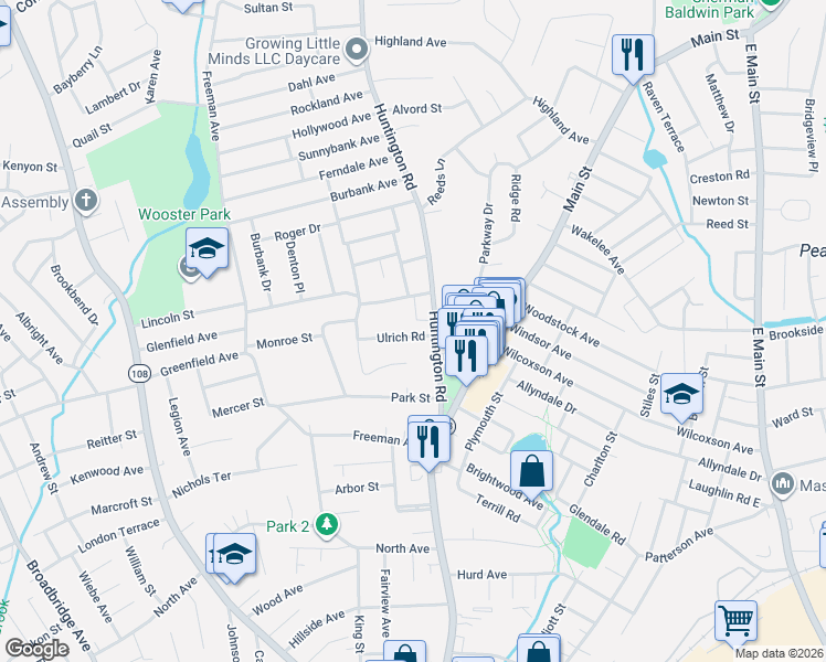 map of restaurants, bars, coffee shops, grocery stores, and more near 277 Huntington Road in Stratford