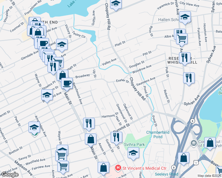 map of restaurants, bars, coffee shops, grocery stores, and more near 133 Exeter Street in Bridgeport