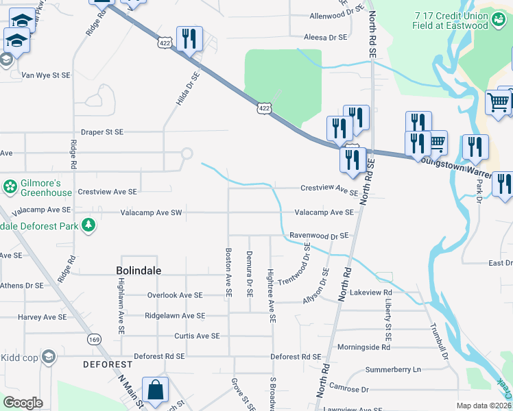 map of restaurants, bars, coffee shops, grocery stores, and more near 3766 Crestview Avenue Southeast in Warren